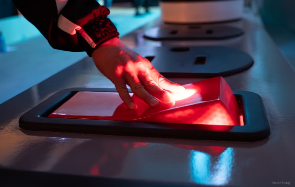 A hand pressing a glowing red console panel