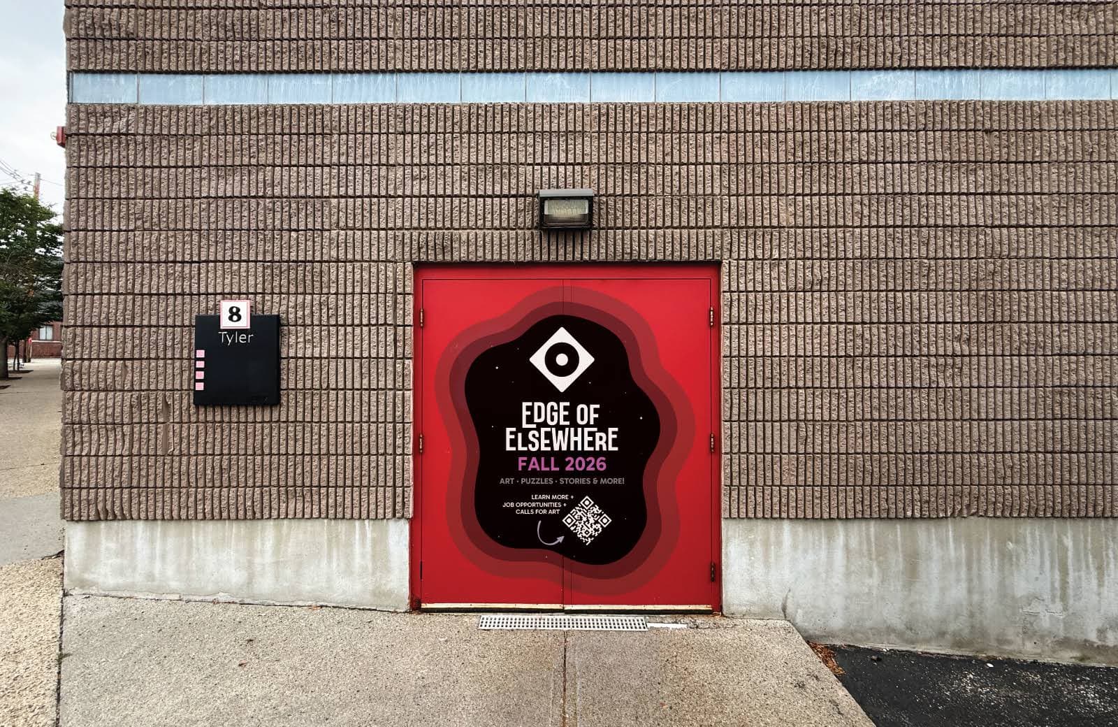 The red entrance doors at 8 Tyler Street, marked with the Edge of Elsewhere Fall 2026 signage
